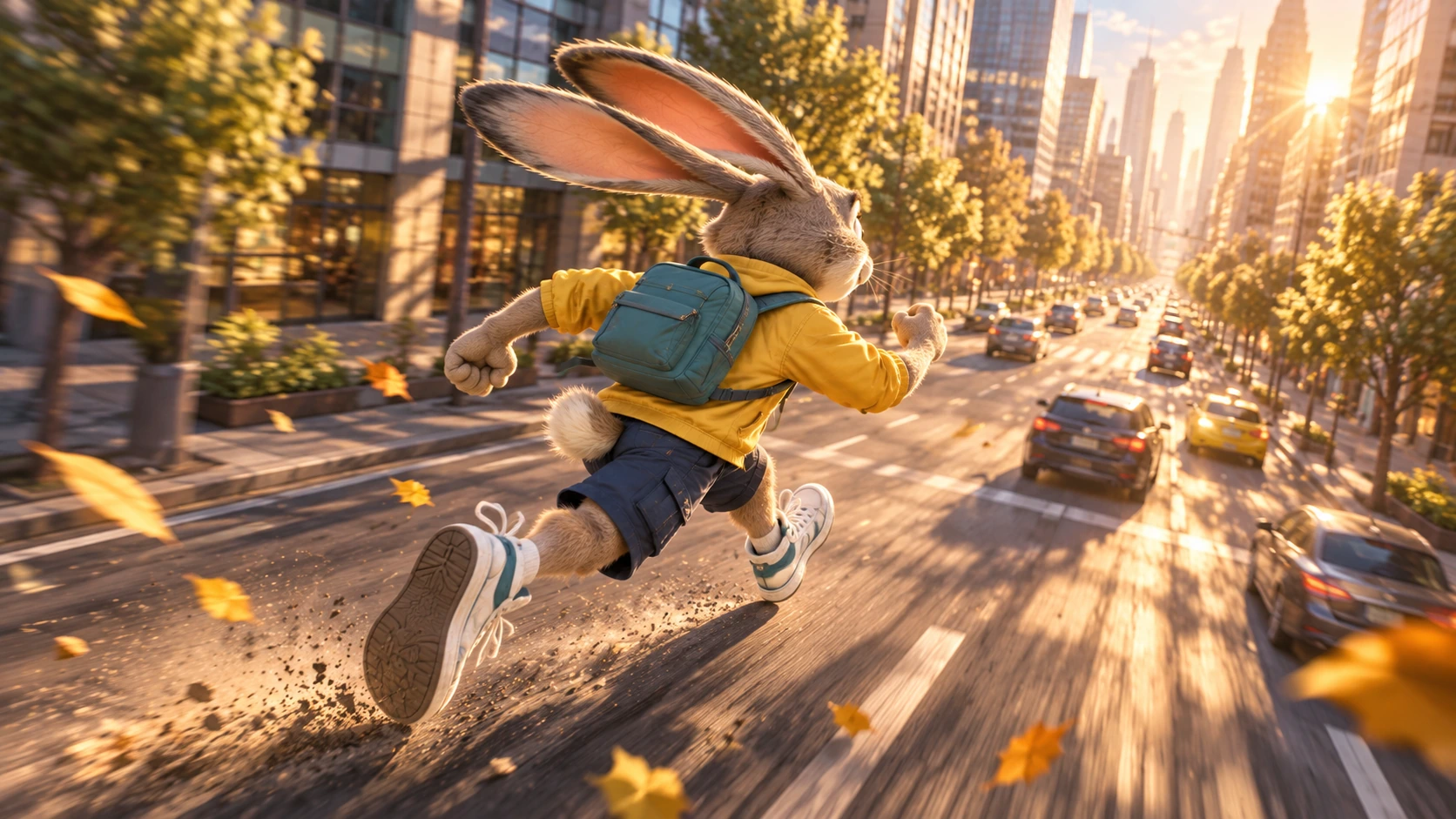 The same gray rabbit courier running through a sunlit city from an elevated rear three-quarter camera angle, wearing a mustard jacket and teal backpack