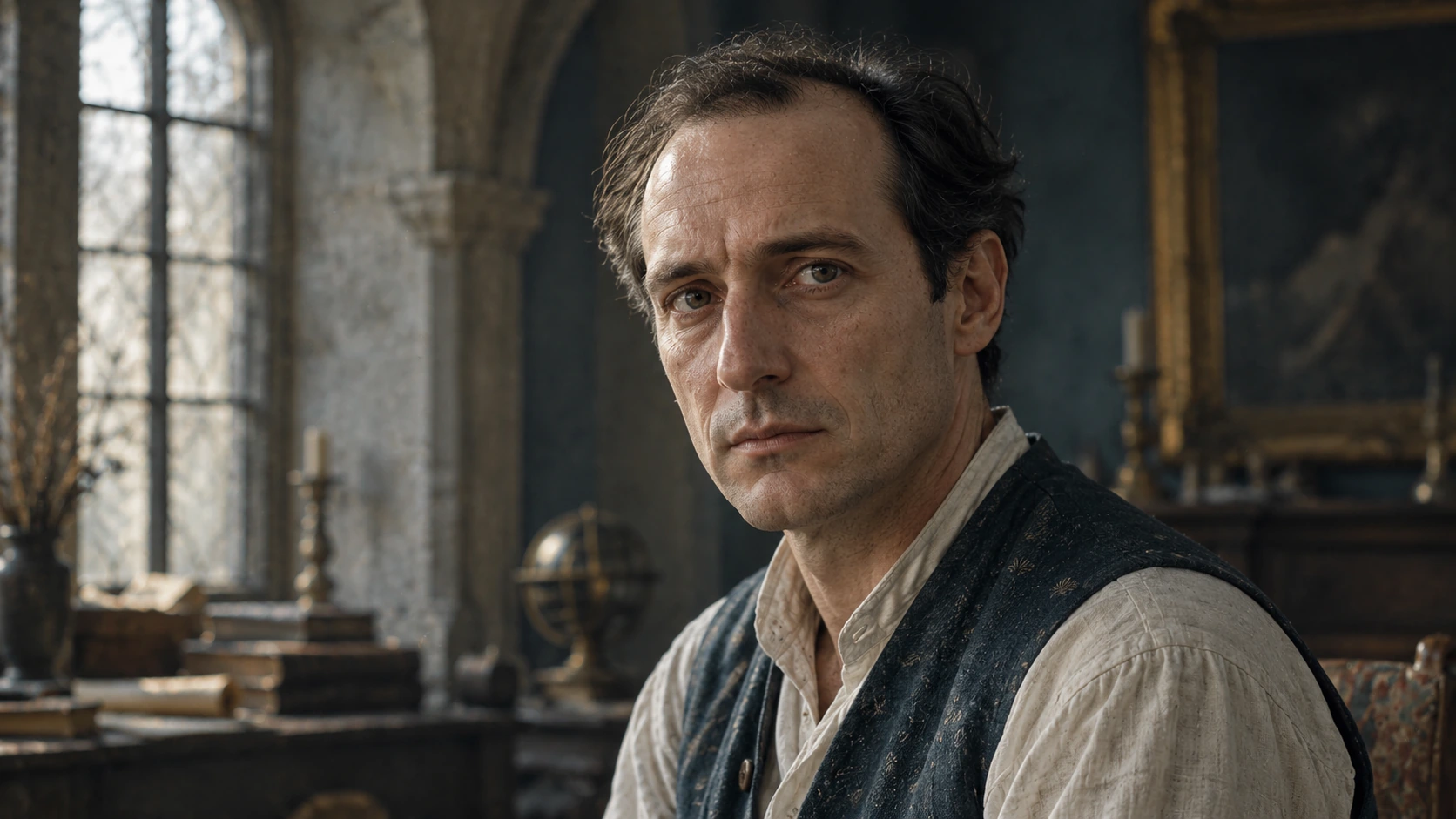 A middle-aged man in a faded blue waistcoat photographed at a three-quarter angle in a softly lit historical interior