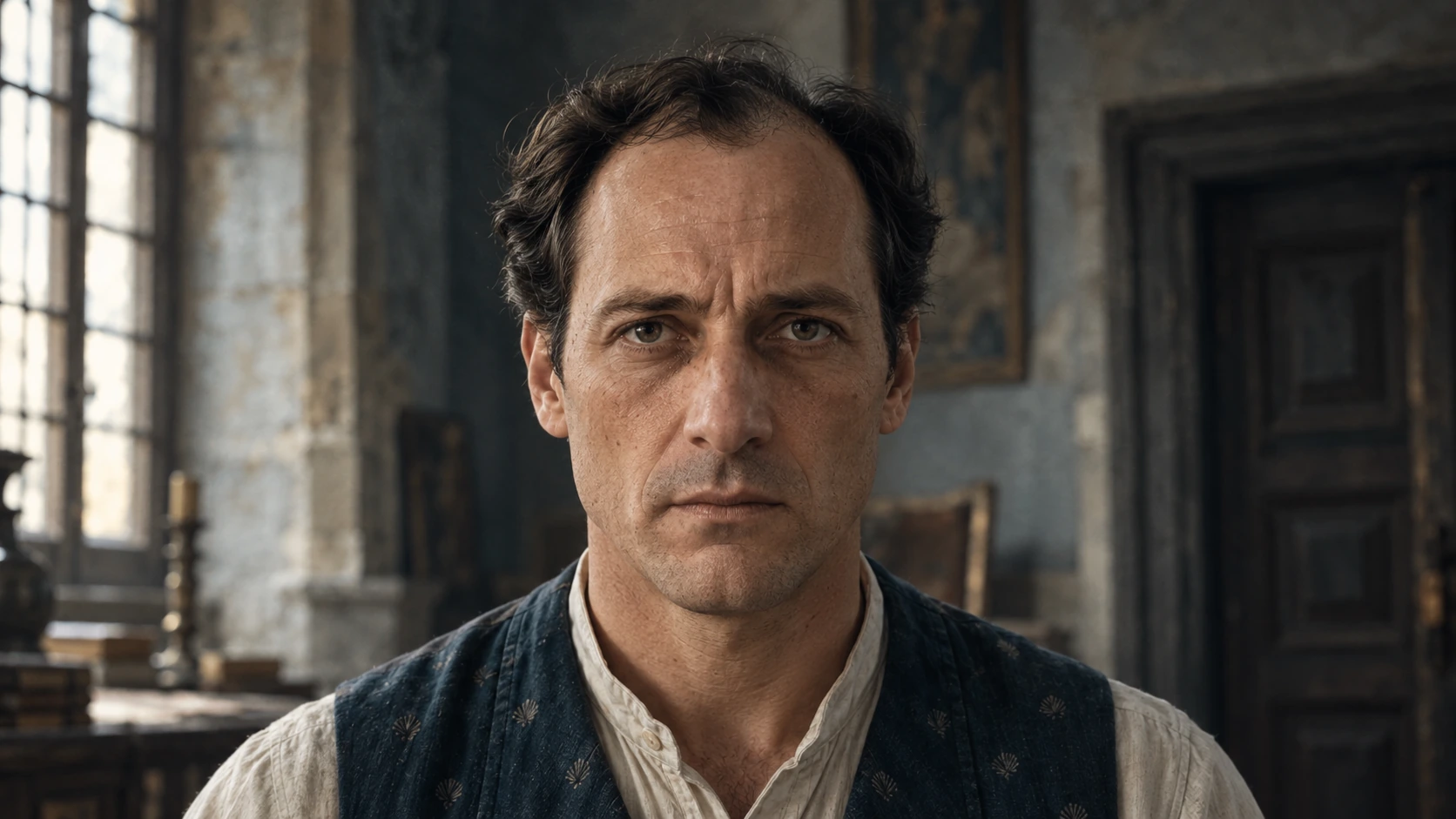 A cinematic portrait of a man in a softly lit interior