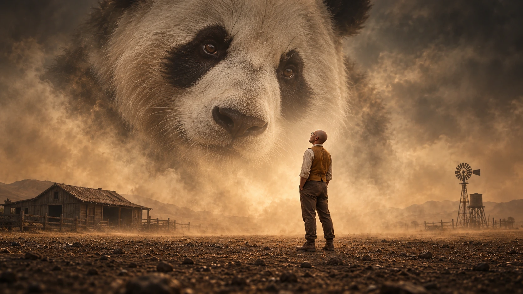 A miniature traveler looking up at a giant panda face emerging through sepia dust above a weathered barn and windmill