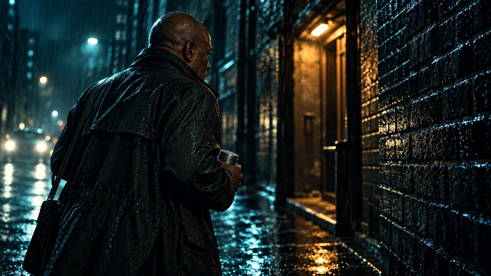 An older bald Black photographer in a charcoal raincoat seen from a low rear three-quarter angle in a wet teal-lit alley, facing a warm amber doorway