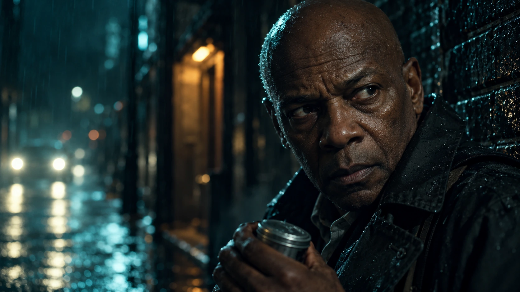 An older photographer in a rainy neon-lit alley