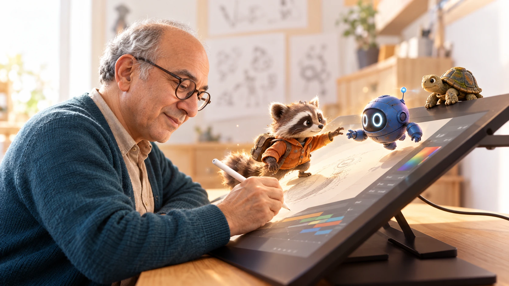 An older male animator drawing on a large angled pen display beside a miniature raccoon in an orange jacket, a floating blue robot, and a small turtle in a warm studio