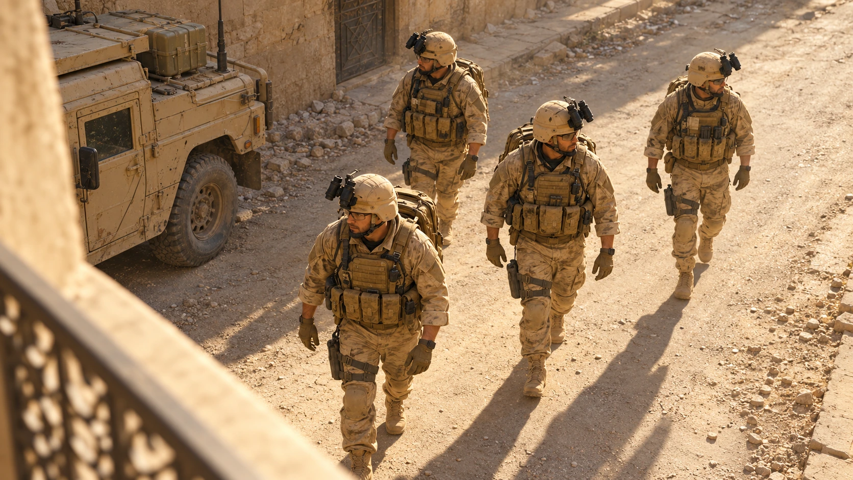 A fictional male army squad in tan desert uniforms on a dusty stone-lined street, photographed from a high side angle with tan military vehicles and warm sunlight