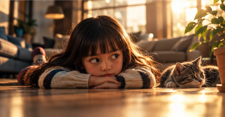 Realistic cinematic scene of a young girl and a kitten in warm natural window light