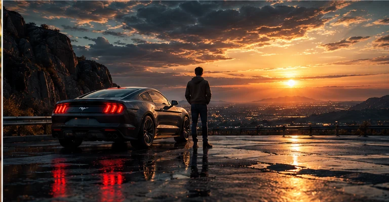 Black cinematic sports car overlooking a mountain valley at sunset on wet pavement
