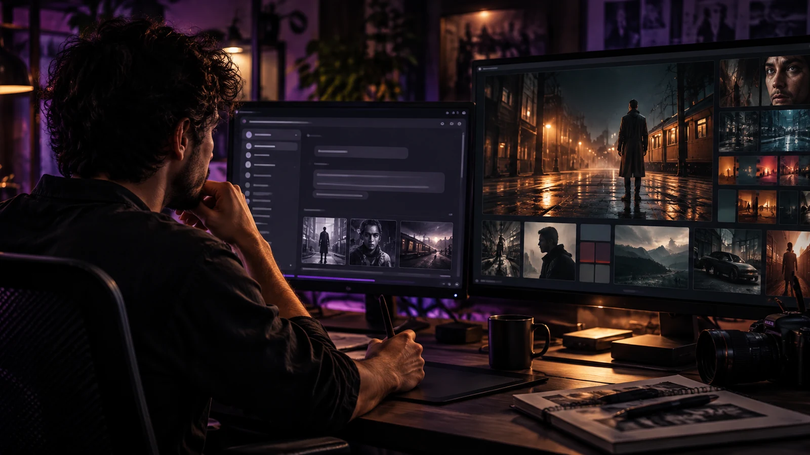 A creator reviewing cinematic visual directions at a workstation