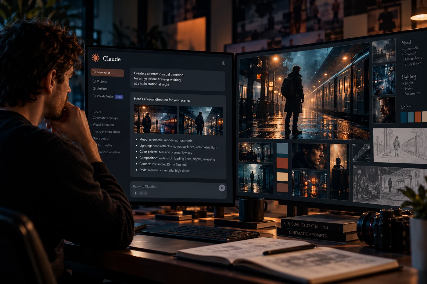 Cinematic AI prompt development workflow showing Claude visual direction, composition, lighting, color and camera decisions