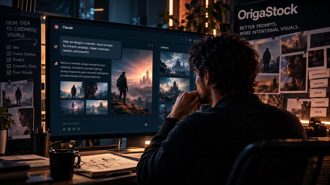 Creative designer using Claude AI alongside an OrigaStock visual moodboard to develop a cinematic concept