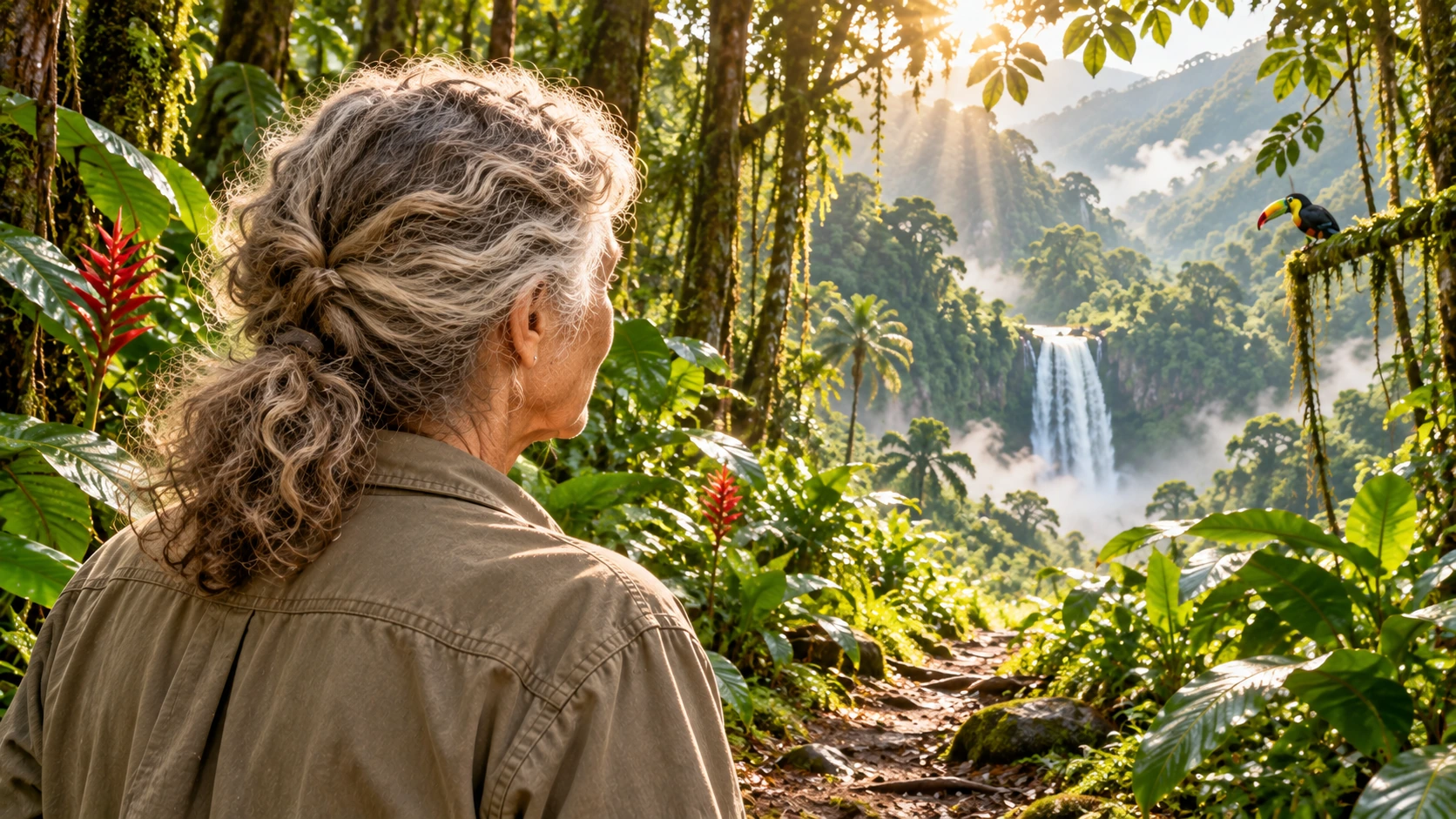 An elderly silver-haired guide seen from behind her shoulder, looking into a misty jungle with broad leaves and filtered morning light