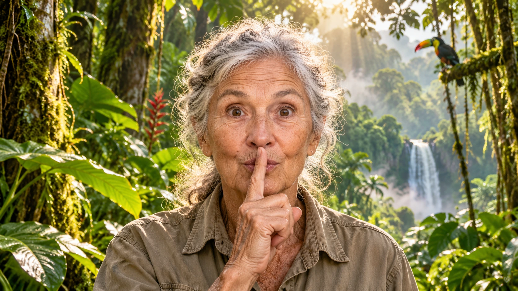 An older jungle guide surrounded by trees and a waterfall