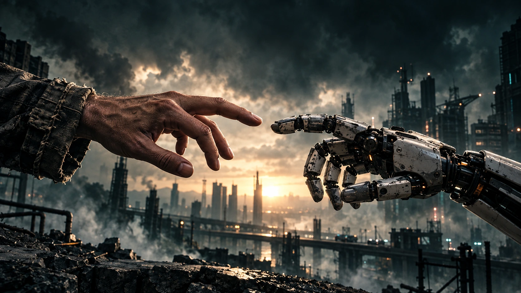 A weathered human hand and a worn robotic hand reaching toward each other above a cinematic industrial city at dawn