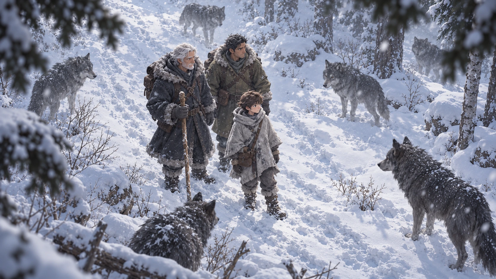 Three male travelers in charcoal, olive, and pale gray winter clothing among calm wolves in a snowy forest, shown from a different camera viewpoint
