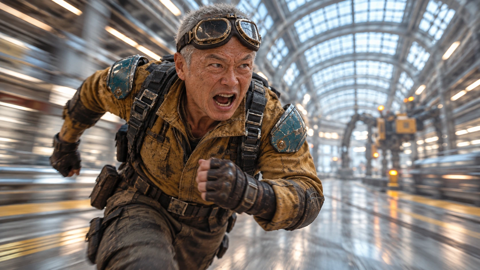 The same silver-haired mechanic with brass goggles and an ochre jacket running through a futuristic station, seen from a lower three-quarter camera angle