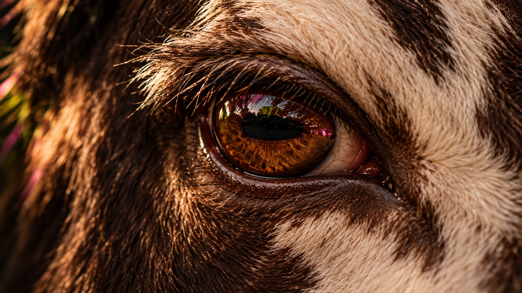 Extreme close-up of a cow's amber-brown eye with coarse cream and dark-brown fur, dramatic shadows, and subtle magenta and lime reflections