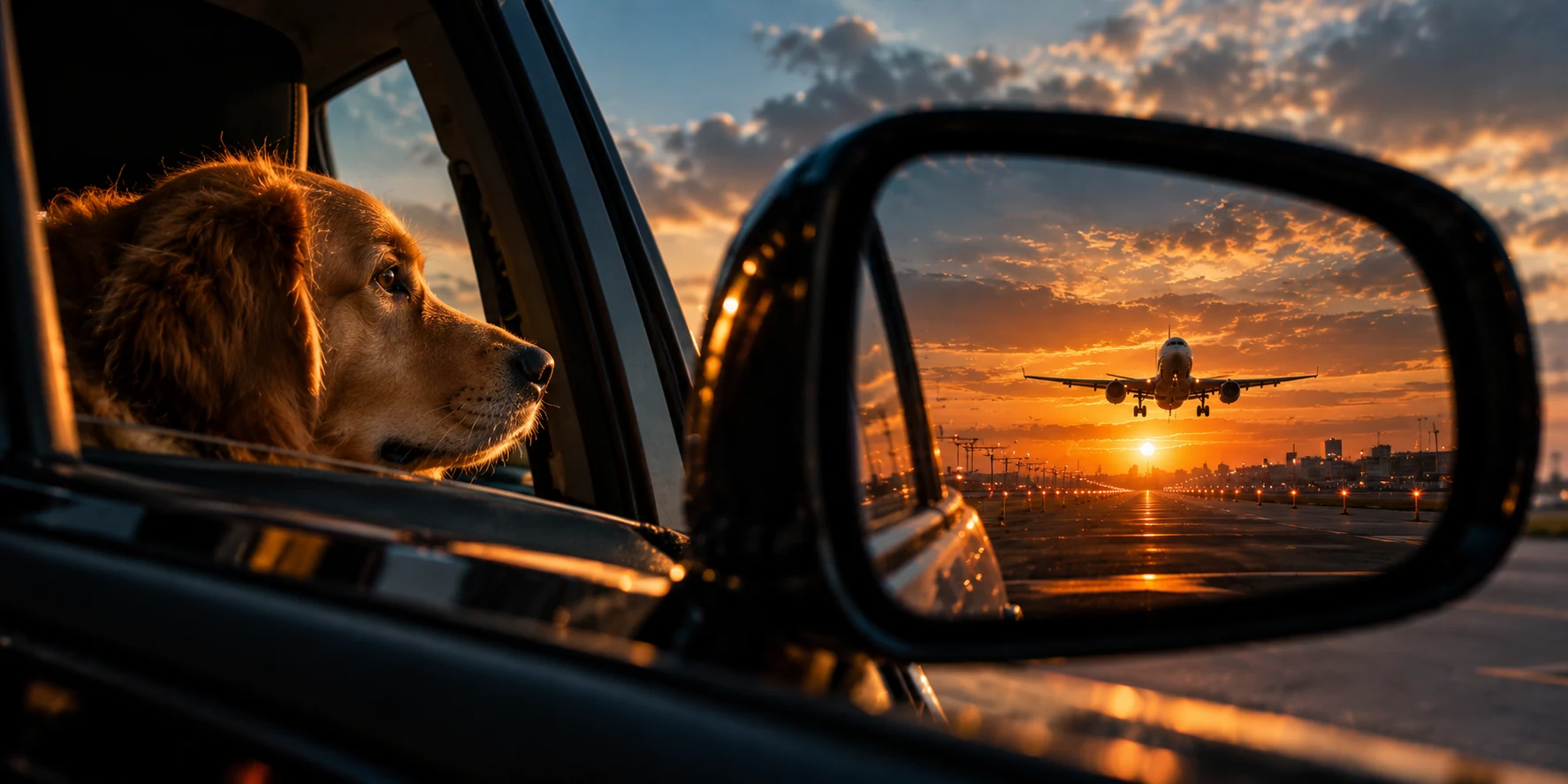 Photorealistic dog inside a car with a passenger jet reflected in the side mirror at sunset