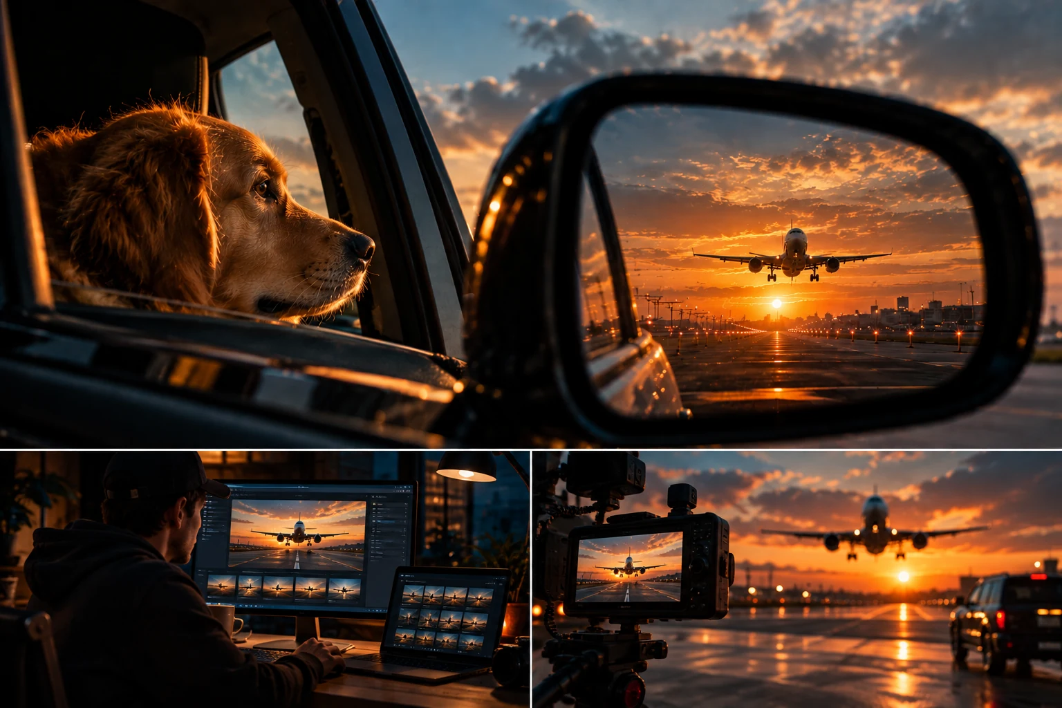 Cinematic AI visual workflow showing a realistic airport scene, creative workstation and camera setup