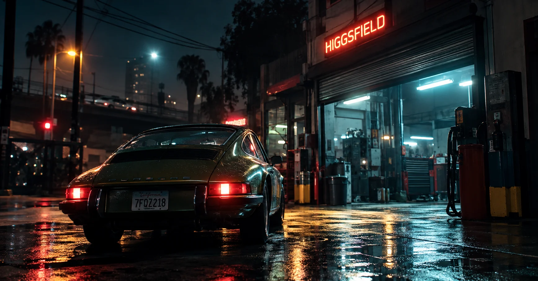 Hyper-realistic cinematic night garage scene illustrating an AI prompt workflow before generation in Higgsfield
