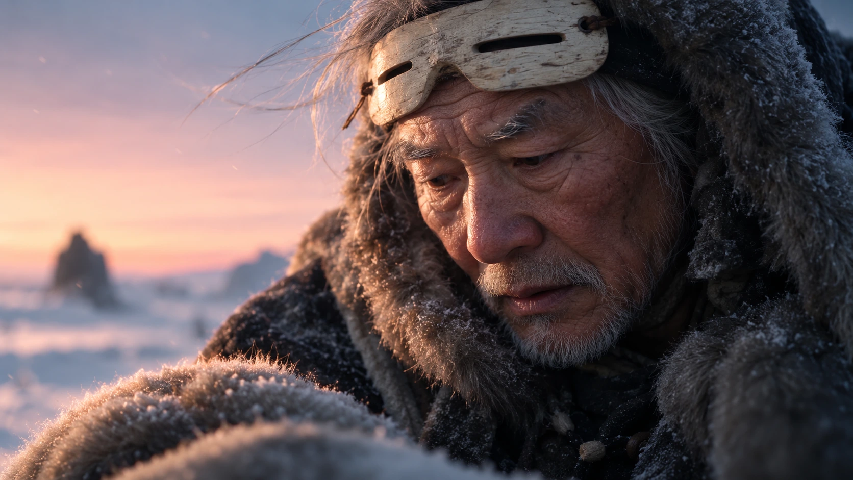 An elderly silver-haired traveler in a fur-lined winter coat looking down at a snow-dusted bundle, with wooden eye protection raised on his forehead and warm dusk light on his face