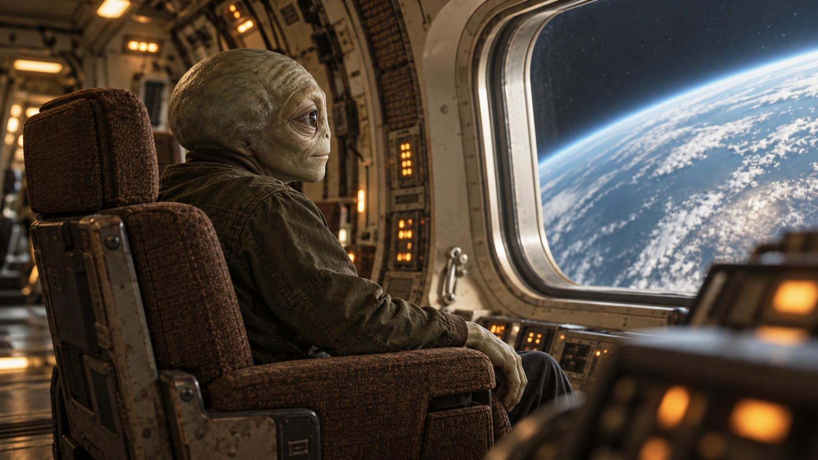 The same sage-gray alien in an olive jacket, seated inside a spacecraft and seen from a wider side camera angle beside an observation window