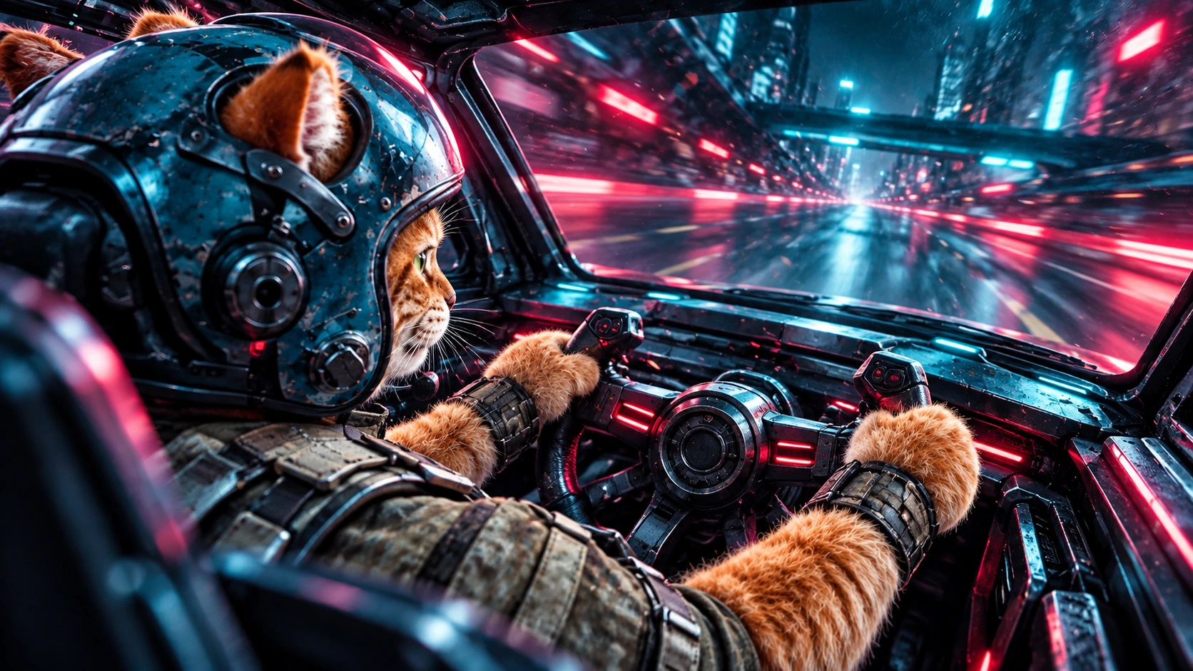 An orange tabby cat in a teal driving helmet inside a futuristic cockpit, seen from a different camera angle with furry paws on the steering wheel and cyan-red lighting