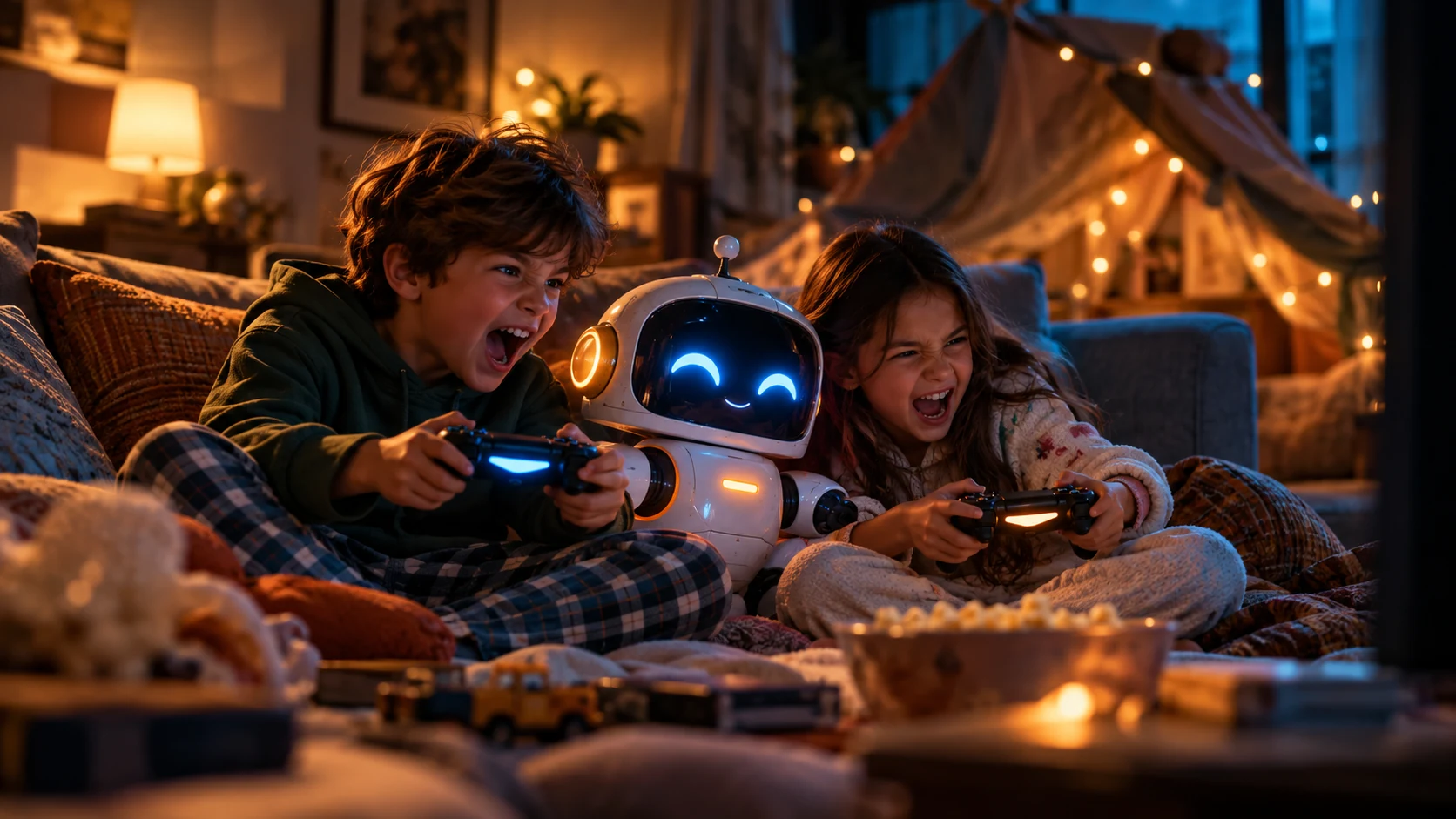Children playing beside a small robot in a warmly lit room