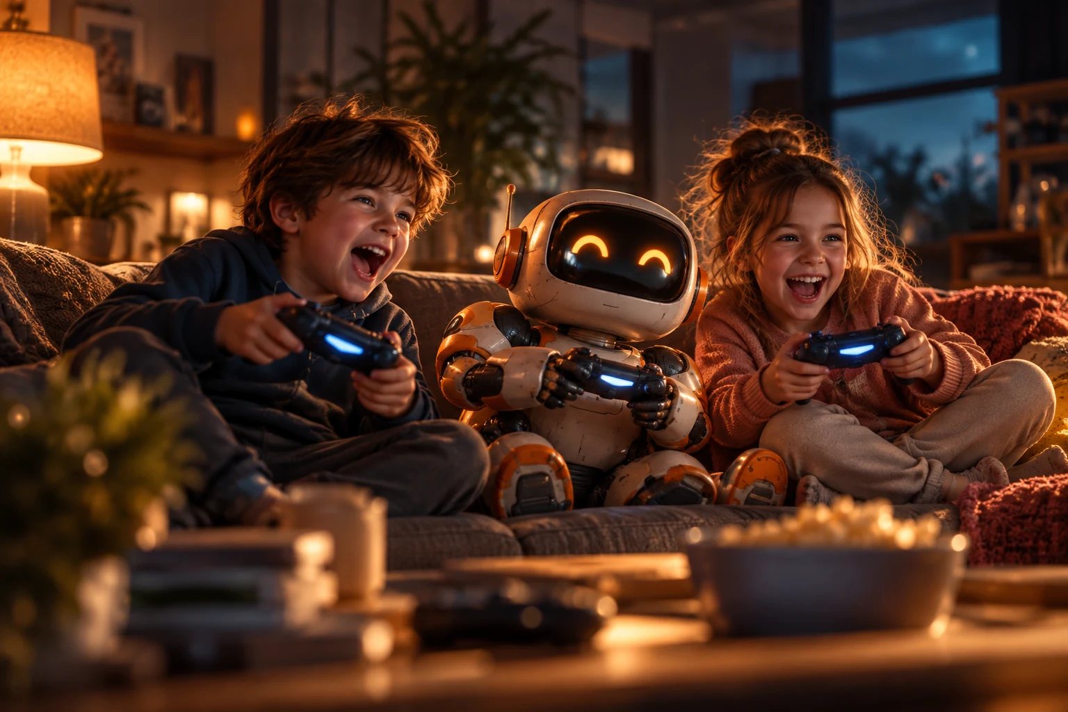 Cinematic scene of a boy and girl playing a video game with a friendly robot in a warm living room