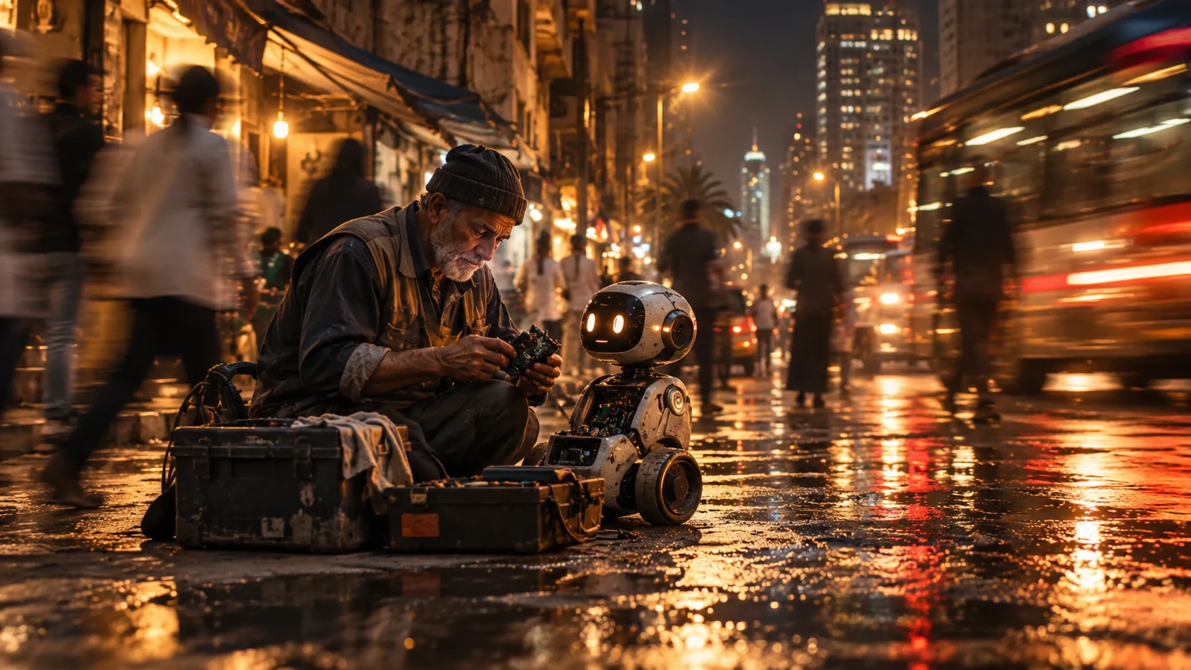 A man using a laptop beside a small robot on a rainy city street