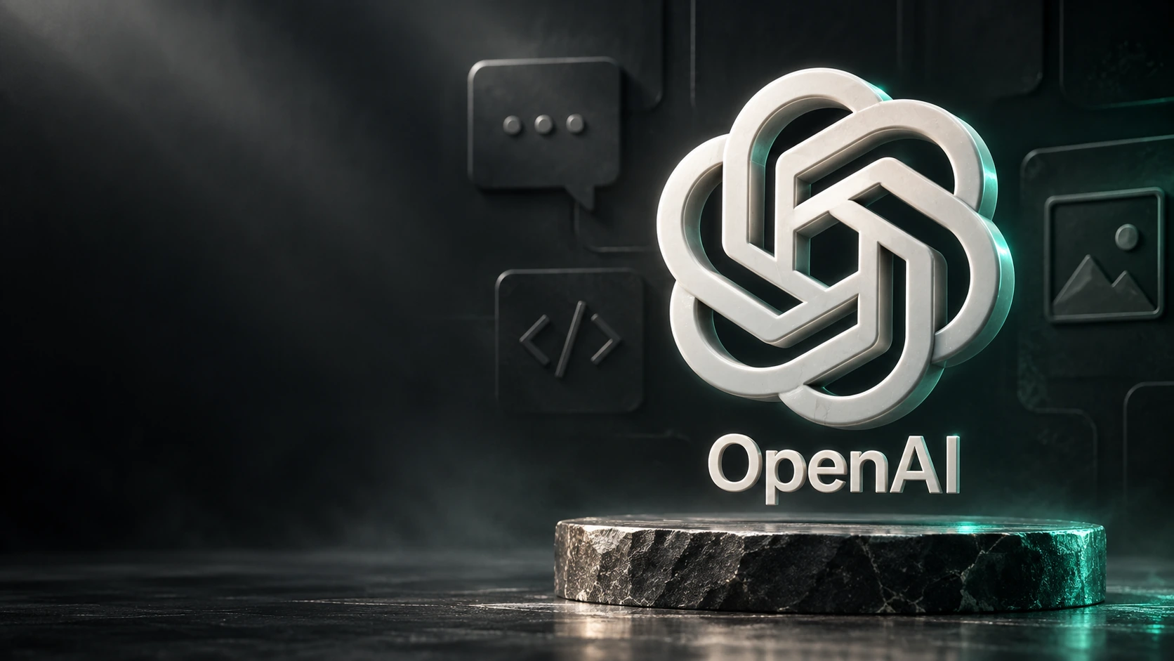 An illuminated OpenAI symbol on a pedestal in a dark studio