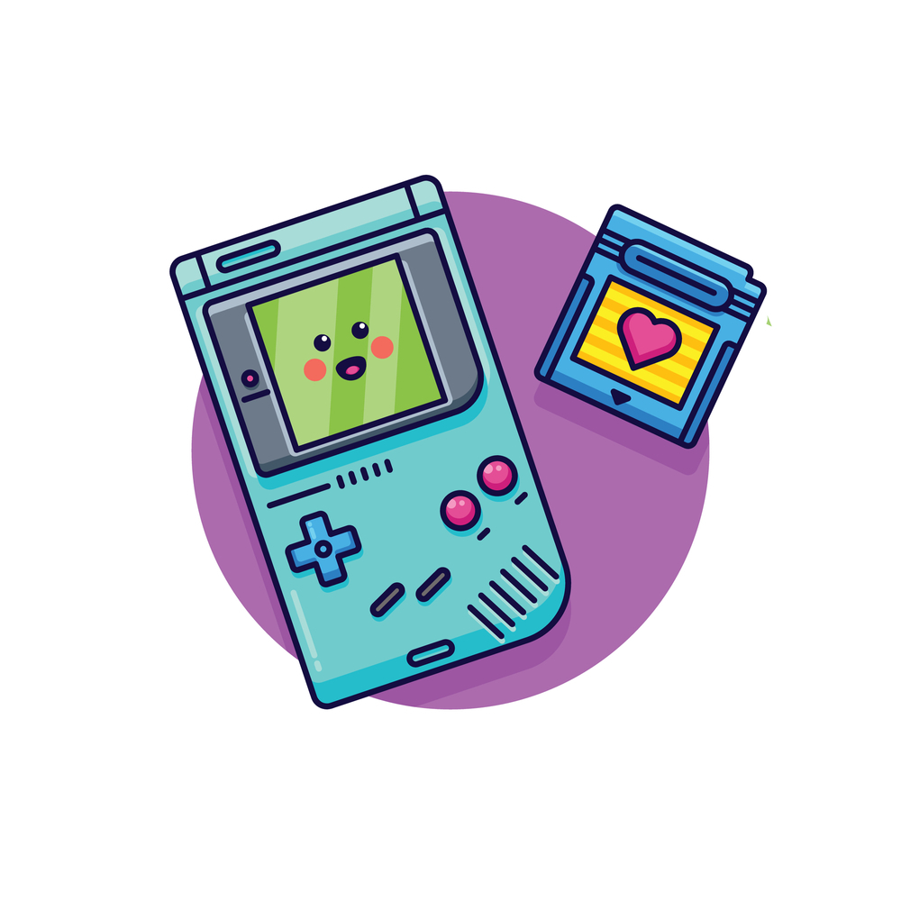 Cute Game Boy Console with Battery Vector Icon Illustration. Gaming Mascot Logo Concept White Isolated. Flat Cartoon Style Suitable for Web Landing Page, Banner, Flyer, Sticker, Card, Background