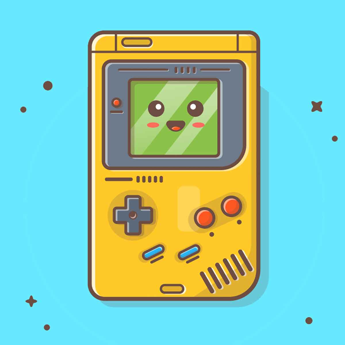 Cute Kawaii Nintendo Game Boy Console Vector Illustration. Gaming Mascot Logo. Character. Old Game Retro. Flat Cartoon Style Suitable for Web Landing Page, Banner, Flyer, Sticker, Card, Background