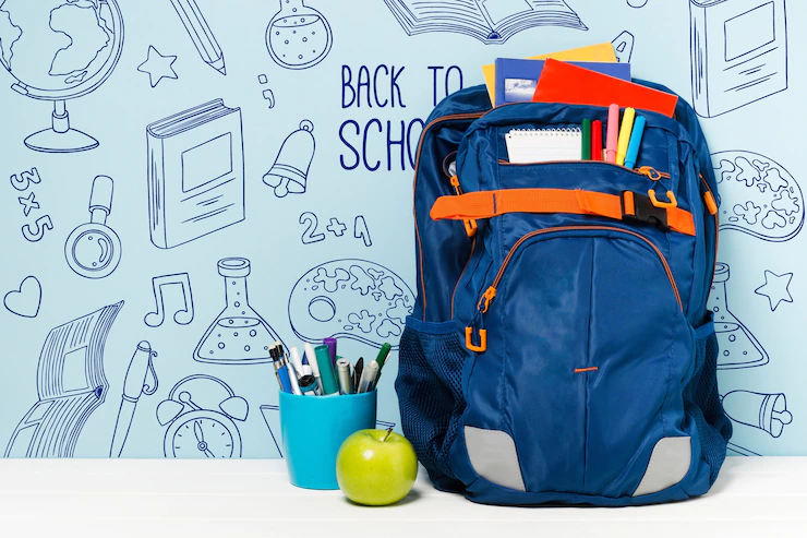 Arrangement with school bag and supplies